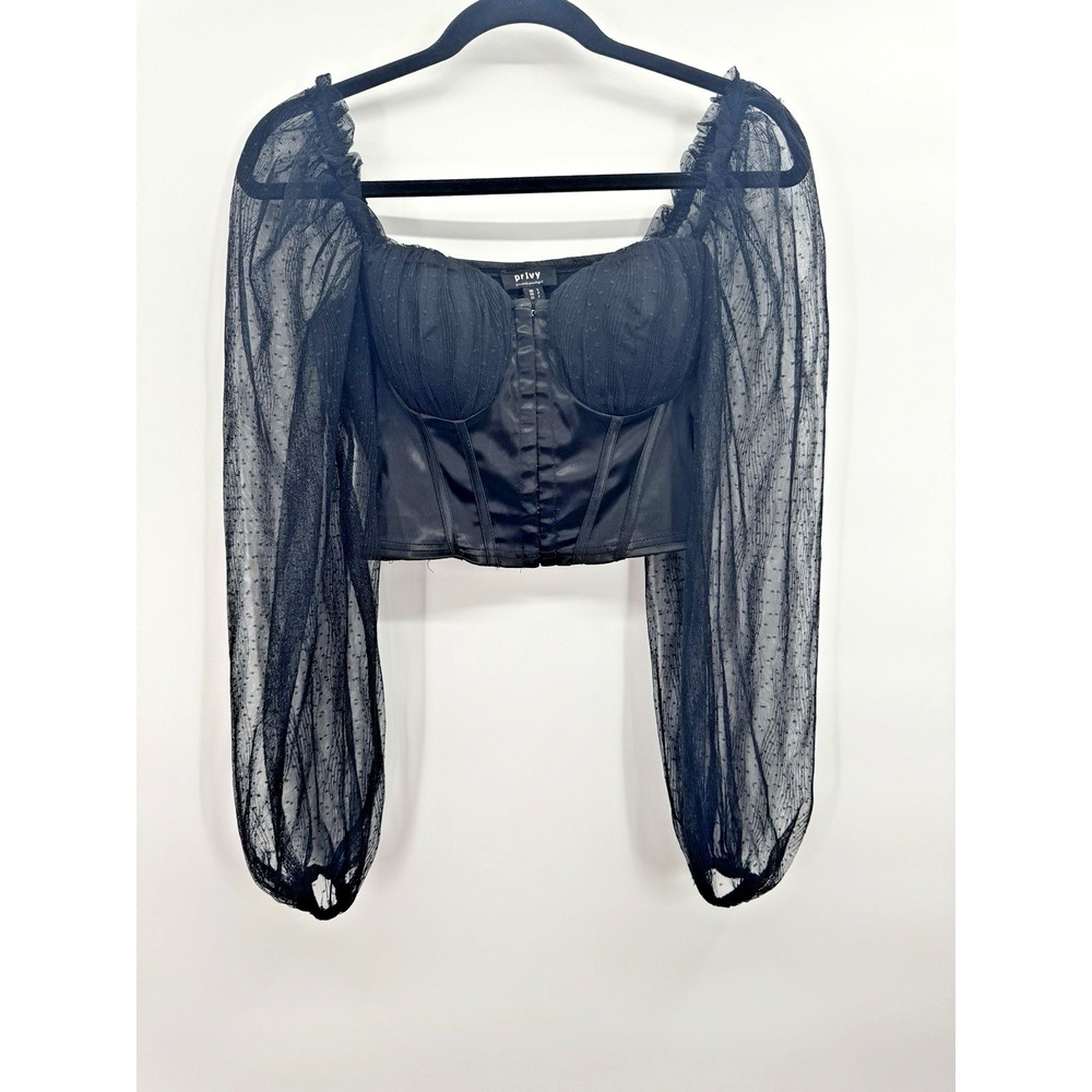 Whimsigoth Satin Corset Top Sheer Lace Puff Sleeve Cropped Small Fairy Ren Faire